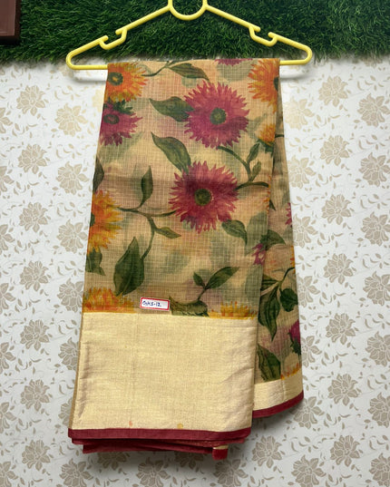 Semi Cotton Printed Kota Saree With Gold Colour