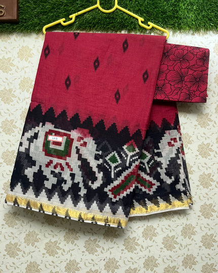 Pochampally Printed Cotton Saree With Red Colour