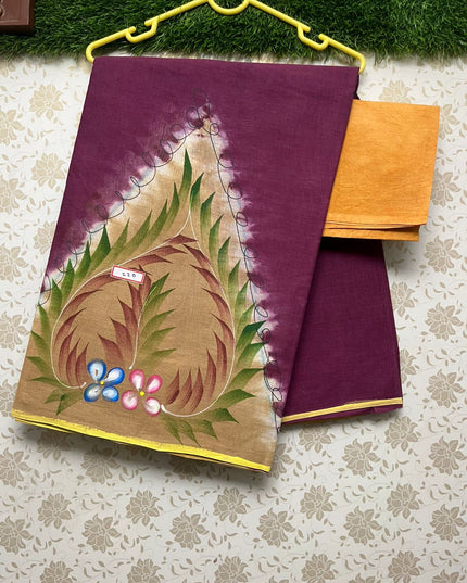 Printed Cotton Temple Border Saree With Chocolate Colour