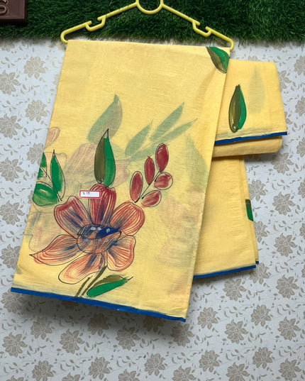 Printed Cotton Saree With Yellow Colour