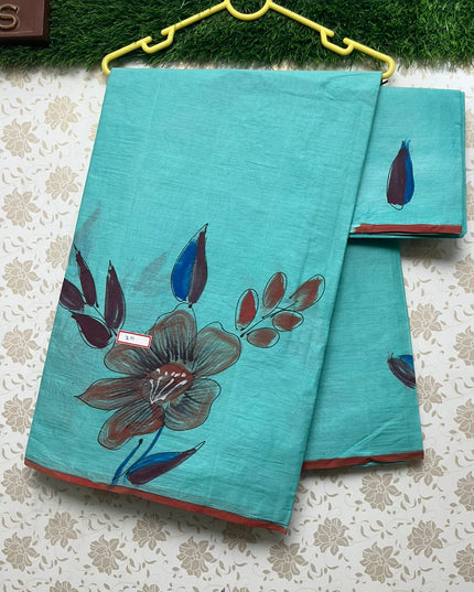 Printed Cotton Saree With Sea Blue Colour