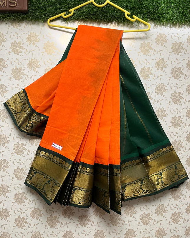 Plain Two Side Border Handloom Cotton Saree with Orange & Green Border
