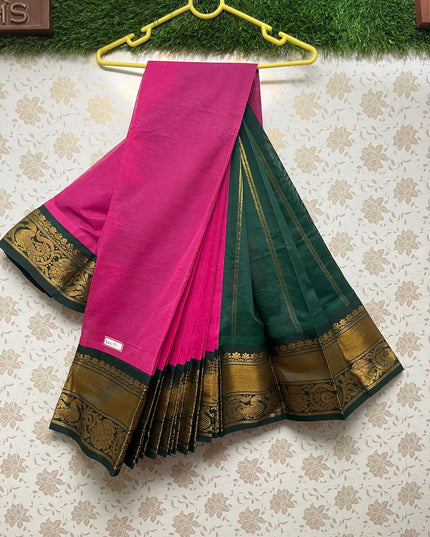 Plain Two Side Border Handloom Cotton Saree with Pink & Green Border