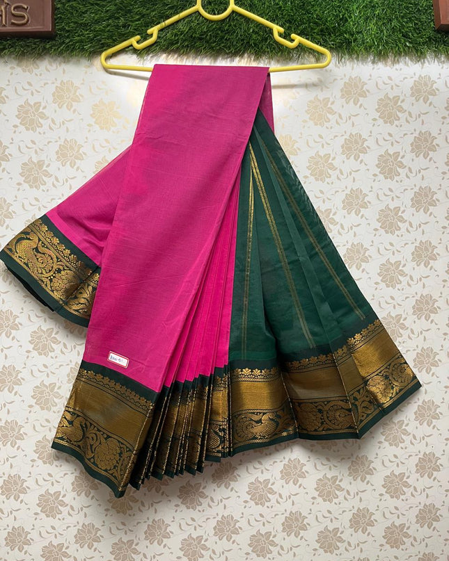 Plain Two Side Border Handloom Cotton Saree with Pink & Green Border
