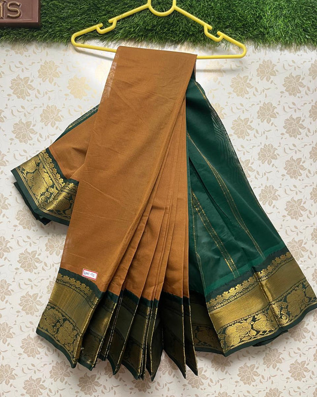 Plain Two Side Border Handloom Cotton Saree with Brown & Green Border