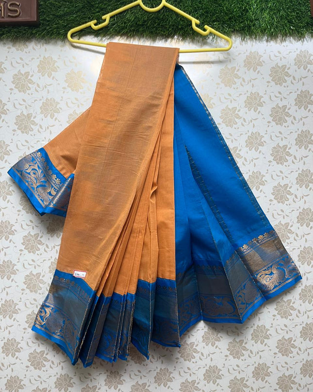 Plain Two Side Border Handloom Cotton Saree with Orange & Sky Blue Border