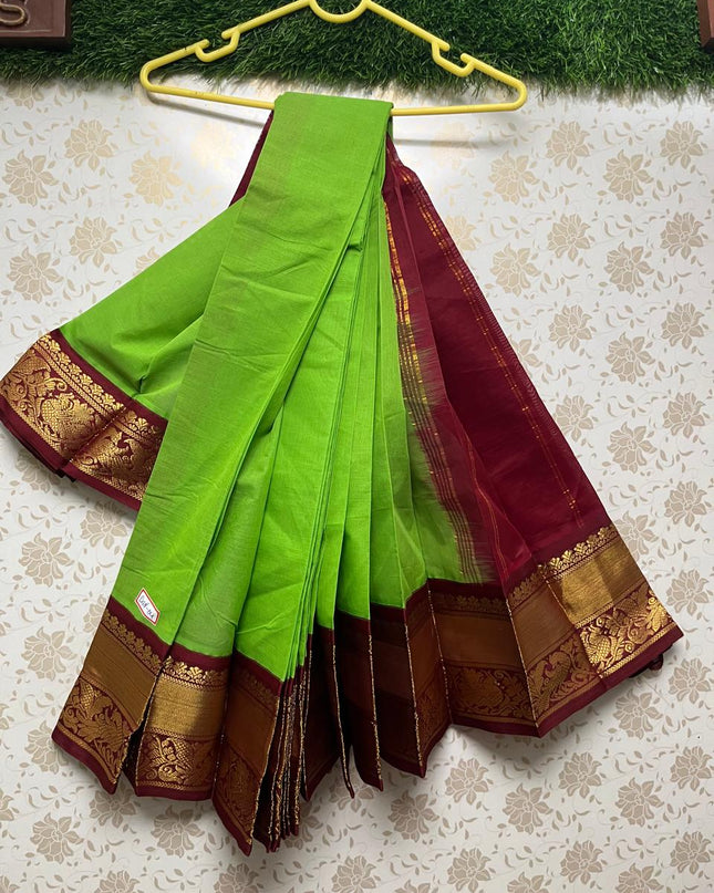 Plain Two Side Border Handloom Cotton Saree with Green & Maroon Border