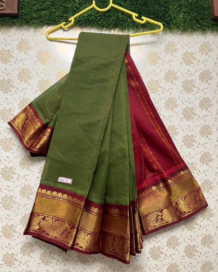 Plain Two Side Border Handloom Cotton Saree with Green & Maroon Border