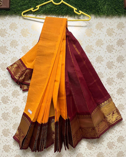 Plain Two Side Border Handloom Cotton Saree with Orange & Maroon Border