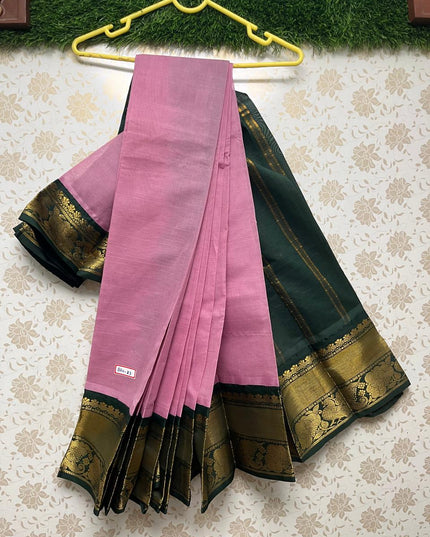 Plain Two Side Border Handloom Cotton Saree with Baby Pink & Green Border