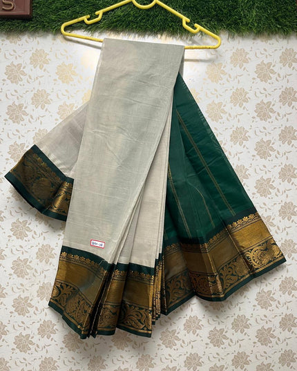 Plain Two Side Border Handloom Cotton Saree with Gray & Green Border