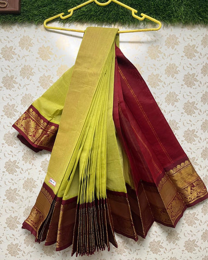 Plain Two Side Border Handloom Cotton Saree with Sampangi Green & Maroon Border