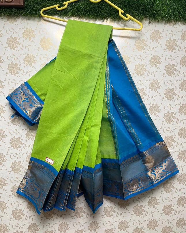 Plain Two Side Border Handloom Cotton Saree with Green & Sky Blue Border