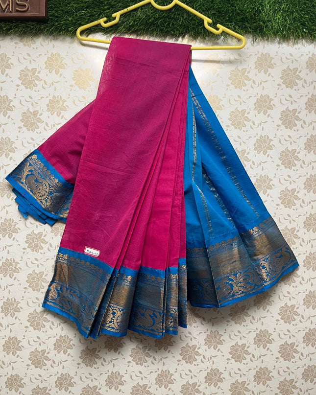 Plain Two Side Border Handloom Cotton Saree with Pink & Sky Blue Border
