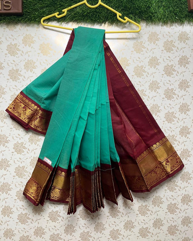 Plain Two Side Border Handloom Cotton Saree with Sea Green & Maroon Border
