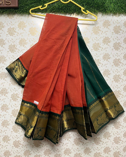 Plain Two Side Border Handloom Cotton Saree with Brick & Green Border