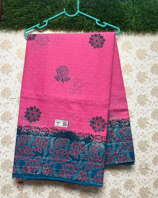 Vasundhara 120count Printed Cotton Saree with Pink colour