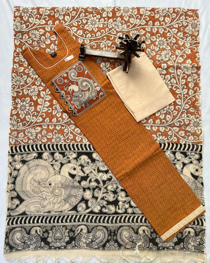 Stitched cotton dress with Full length Lining Mustard Colour kalamkari design 3pc set