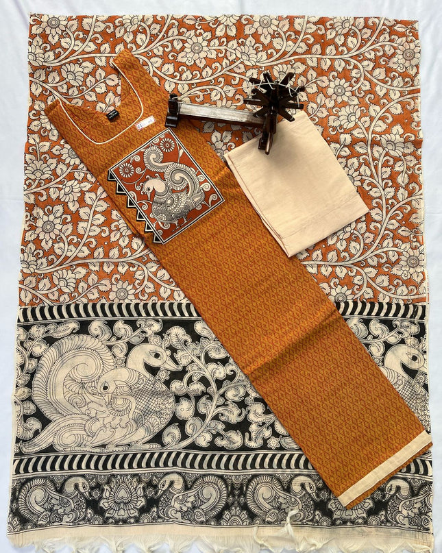 Stitched cotton dress with Full length Lining Mustard Colour kalamkari design 3pc set