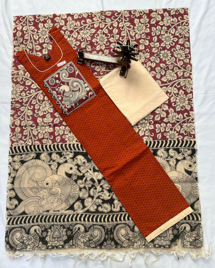 Stitched cotton dress with Full length Lining Mustard Colour kalamkari design 3pc set