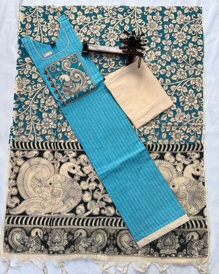 Stitched cotton dress with Full length Lining Sky Blue kalamkari design 3pc set