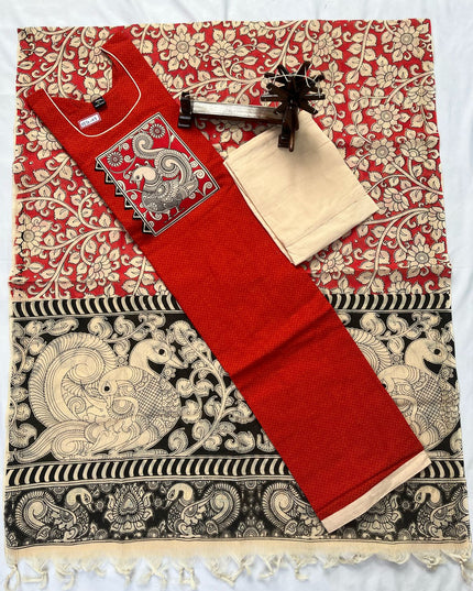 Stitched cotton dress with Full length Lining Brick Colour kalamkari design 3pc set
