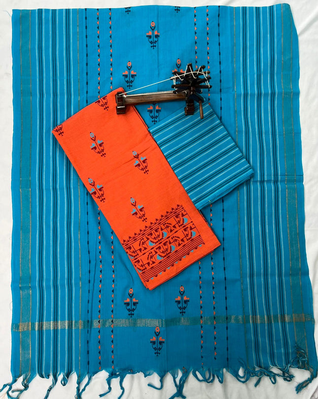 Pure Cotton Fabric Dress Material With Orange Colour