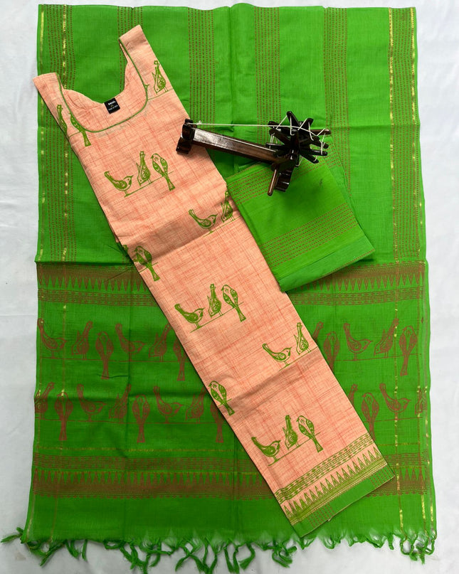 Stitched cotton dress with Full length Lining With Peach Colour kalamkari design 3pc set