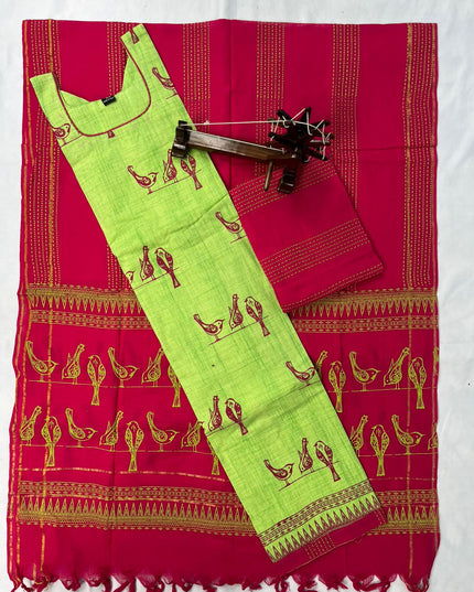 Stitched cotton dress with Full length Lining  Pista Green Colour kalamkari design 3pc set