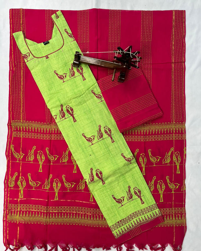 Stitched cotton dress with Full length Lining  Pista Green Colour kalamkari design 3pc set