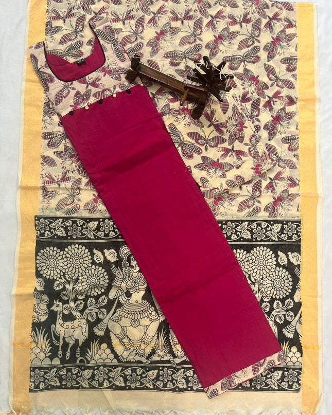 Stitched cotton dress with Full length Lining Pista Red Colour kalamkari design 3pc set