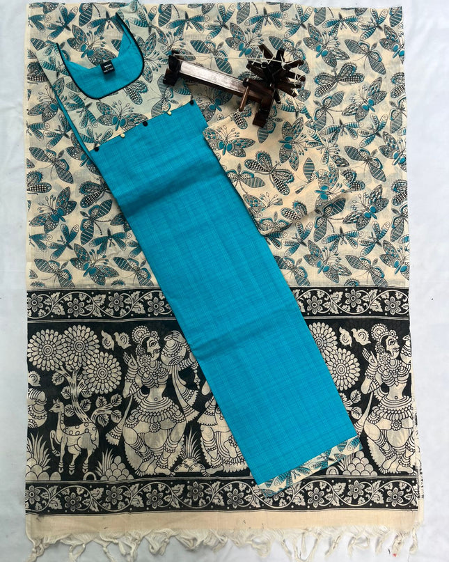 Stitched cotton dress with Full length Lining Pista Sky Blue Colour kalamkari design 3pc set