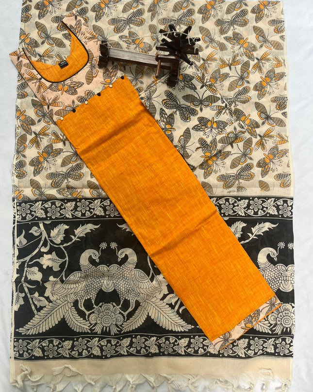 Stitched cotton dress with Full length Lining Pista Yellow Colour kalamkari design 3pc set