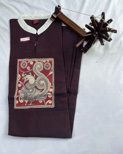Handloom Straight Cut Colar Kurtis With Chocolate Color