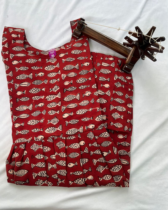 Hand Block Printed Pure Cotton Long Frocks With Red Color