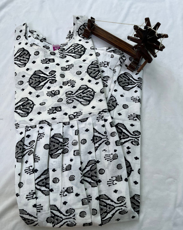 Hand Block Printed Pure Cotton Long Frocks With White Color