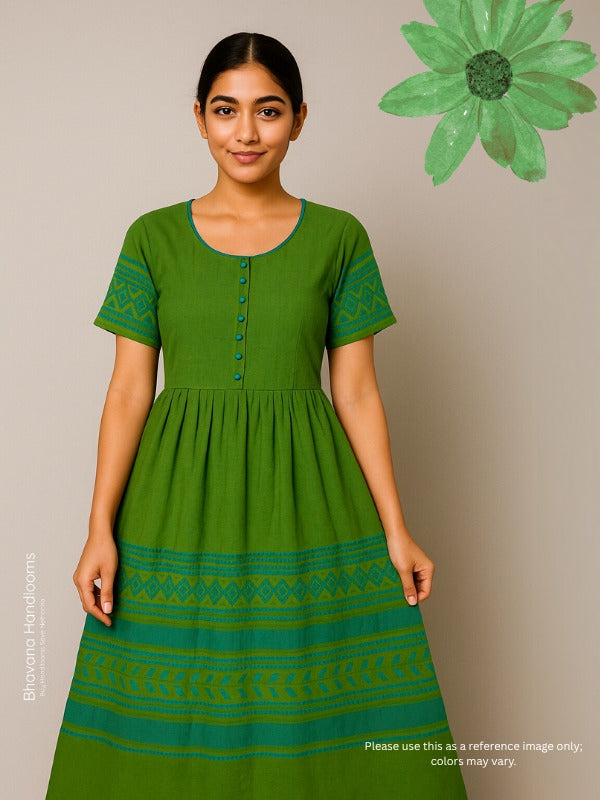 Handloom Cotton Frock with Green Color