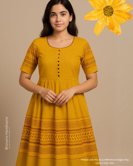 Handloom Cotton Frock with Mustard Color