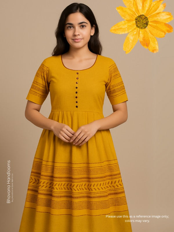 Handloom Cotton Frock with Mustard Color