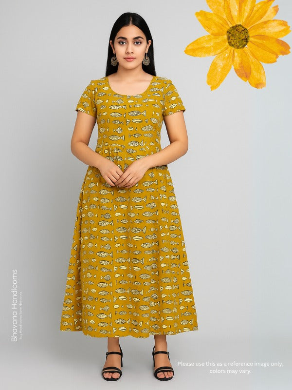Mul Fabric Long frock with Yellow Color