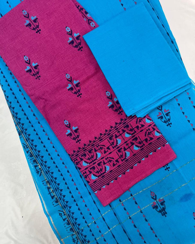 Cotton Dress Material with Blue Chunni