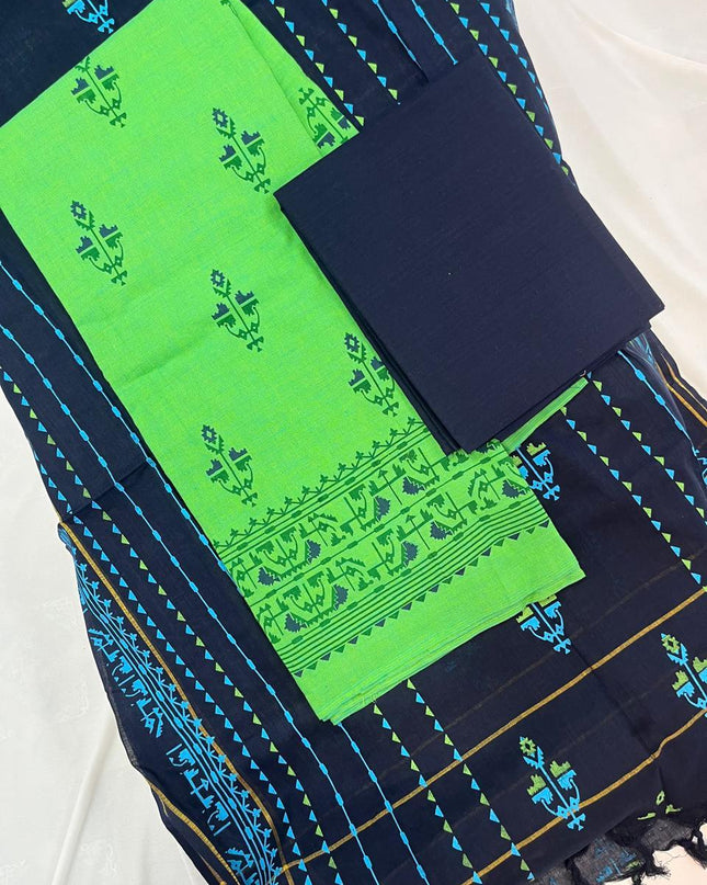 Cotton Dress Material with Navy Blue Chunni