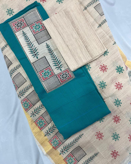 Cotton Dress Material with Sea Blue Color