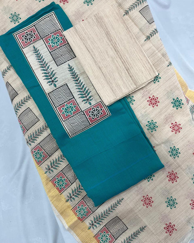 Cotton Dress Material with Sea Blue Color