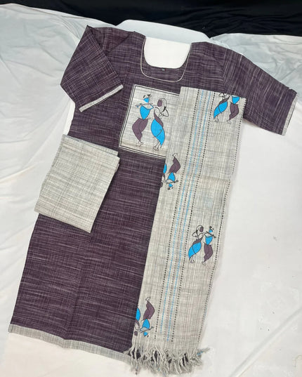 Radha Krishna Cotton Readymade Kurti for Women – Purple Gray Straight Cut with Full-Length Lining