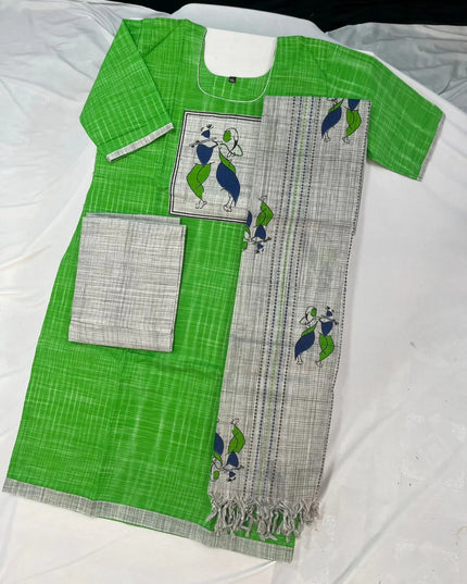 Radha Krishna Cotton Readymade Kurti for Women – Green Straight Cut with Full-Length Lining
