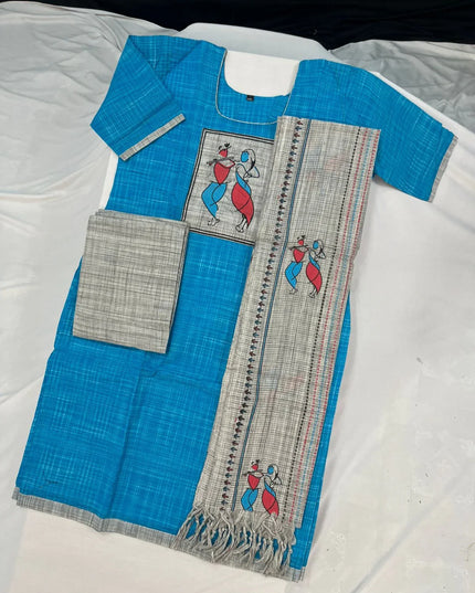 Radha Krishna Printed Cotton Readymade Kurti for Women – Sky Blue Straight Cut Kurti with Full-Length Lining