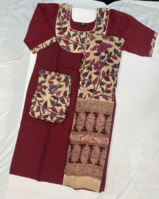 Kalamkari Cotton Readymade Straightcut Kurti Set with Cherry Wood Colour