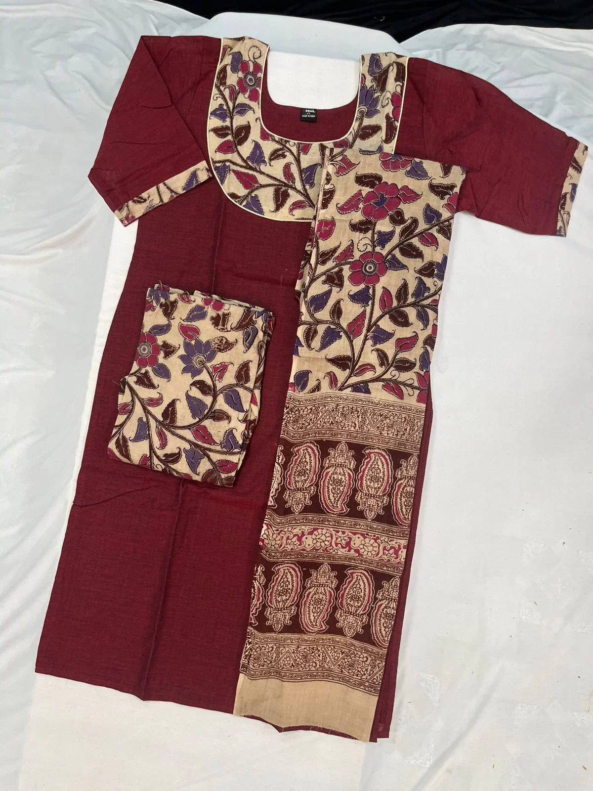 Kalamkari Cotton Readymade Straightcut Kurti Set with Cherry Wood Colour