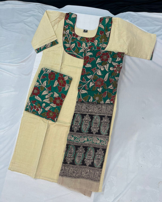Kalamkari Cotton Readymade Straightcut Kurti Set with Cream Colour